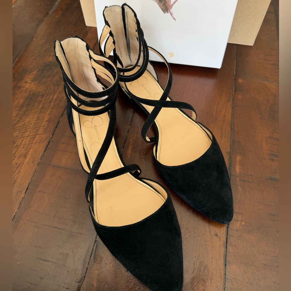 Jessica Simpson Zenka Black Suede Strappy Flats Pointed Toe